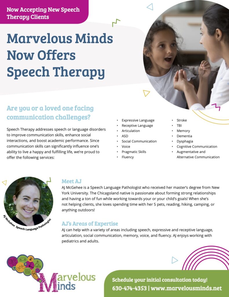 Flyer describing Speech Therapy Services in Glen Ellyn IL